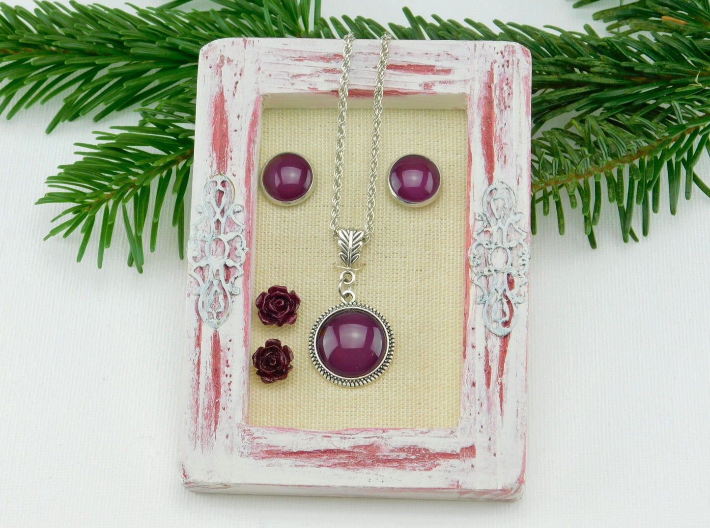 Handmade Schmuck Geschenkset Purpur mit Ohrsteckern und Halskette Silber