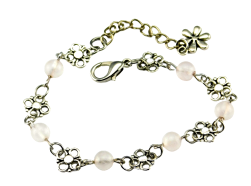 Rosenquarz Edelsteinperlen an silberfarbenem Armband