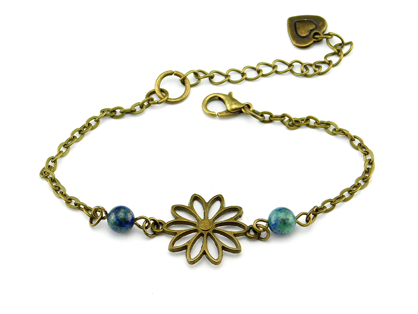 Bronzefarbenes Armband "Sonnenblume" mit blauen Perlen