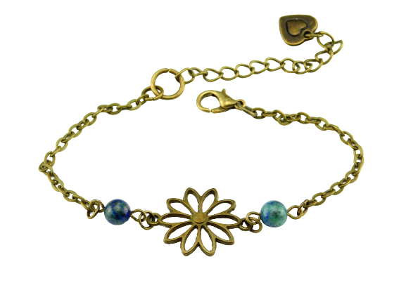 Bronzefarbenes Armband "Sonnenblume" mit blauen Perlen