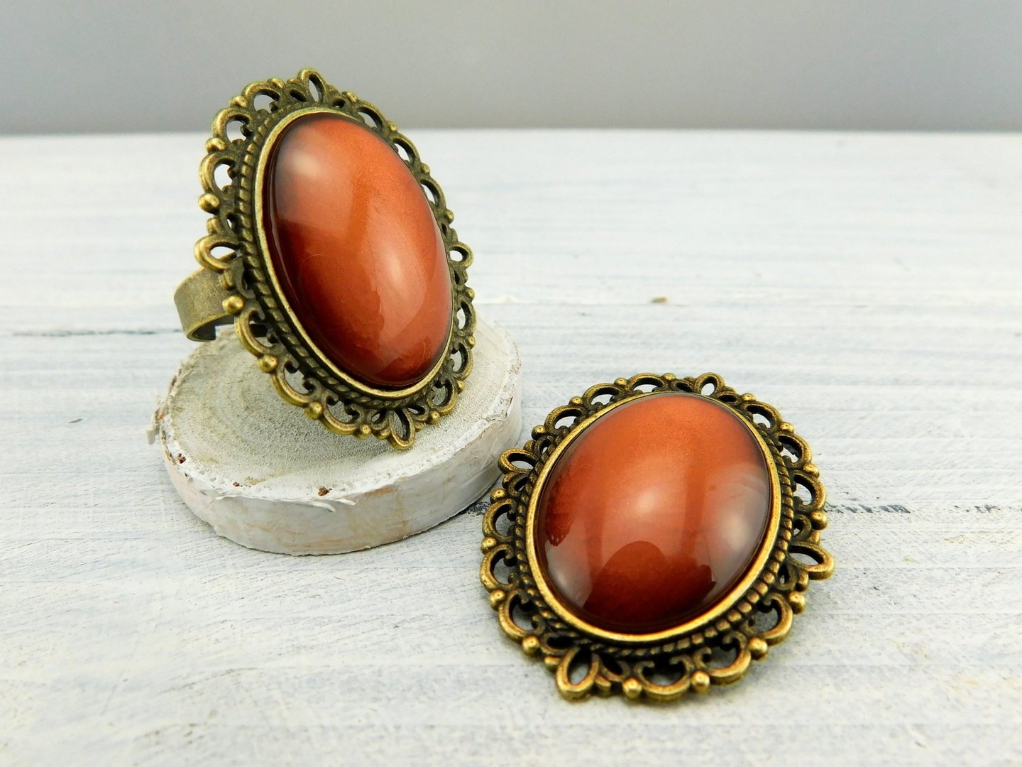 Geschenkset "Kupferrot" mit Ring und Brosche - Vintage Schmuckstübchen