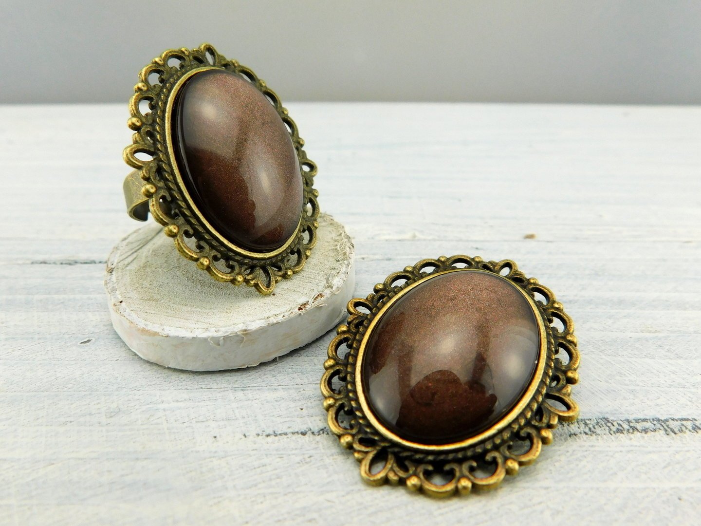 Geschenkset "Haselnuss" mit Ring und Brosche - Vintage Schmuckstübchen