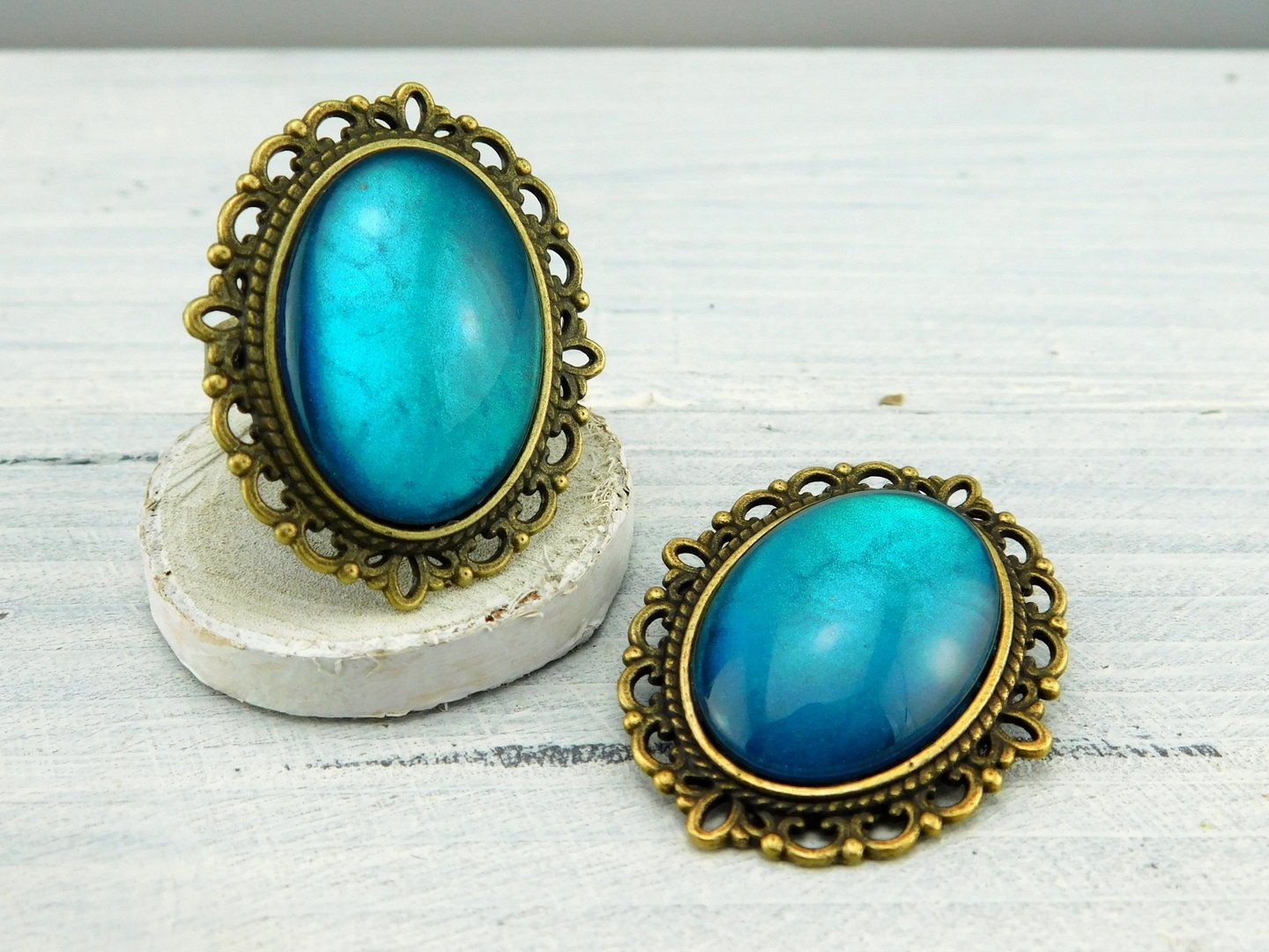 Geschenkset "Azurblau" mit Ring und Brosche - Vintage Schmuckstübchen