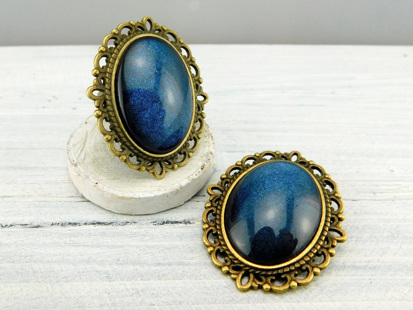 Geschenkset "Dunkles Saphirblau" mit Ring und Brosche - Vintage Schmuckstübchen