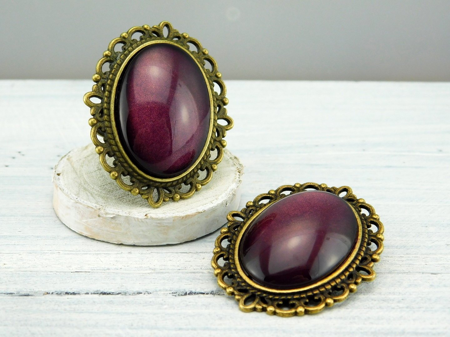Geschenkset "Pflaumenrot" mit Ring und Brosche - Vintage Schmuckstübchen