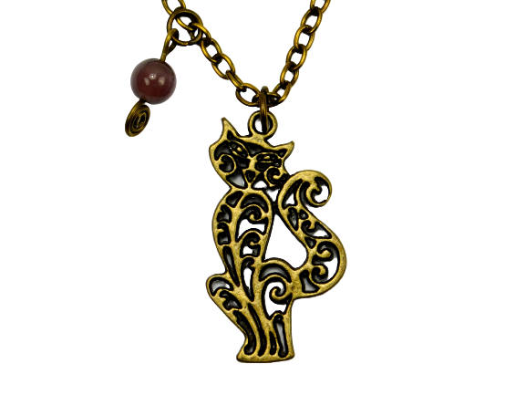 Kette mit Katzenanhänger und lila Glasperle