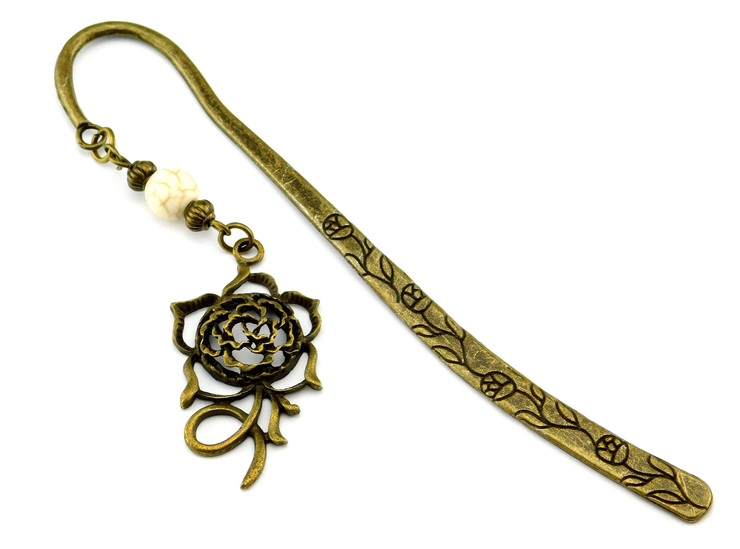 Großes Lesezeichen mit Rosenanhänger und weißer Perle