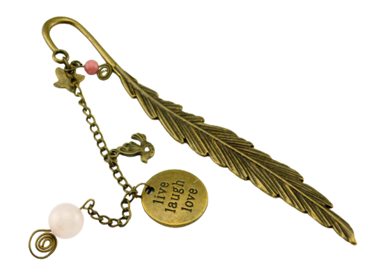 Feder-Lesezeichen mit rosa Perlen "live, laugh, love"