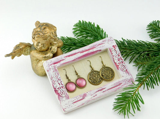 Schmuck Geschenk  Geschenkset auf Rahmen - Rosa Ohrringe für Damen - Weihnachtsgeschenk