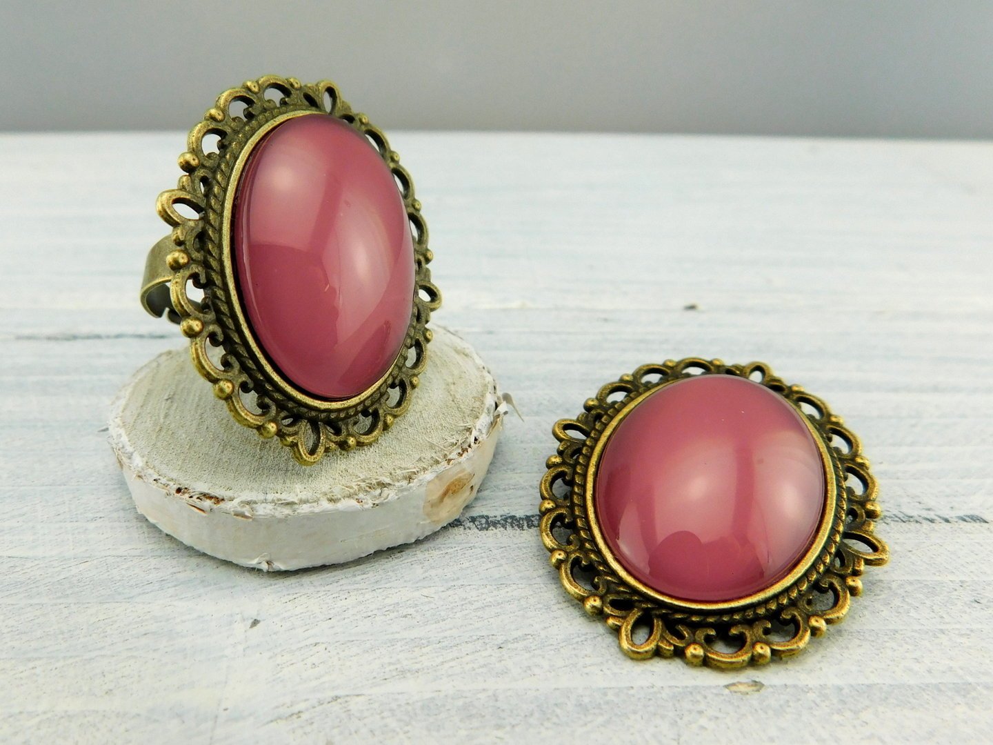 Geschenkset "Blütenrosa" mit Ring und Brosche - Vintage Schmuckstübchen