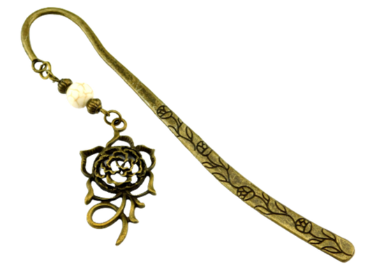 Großes Lesezeichen mit Rosenanhänger und weißer Perle